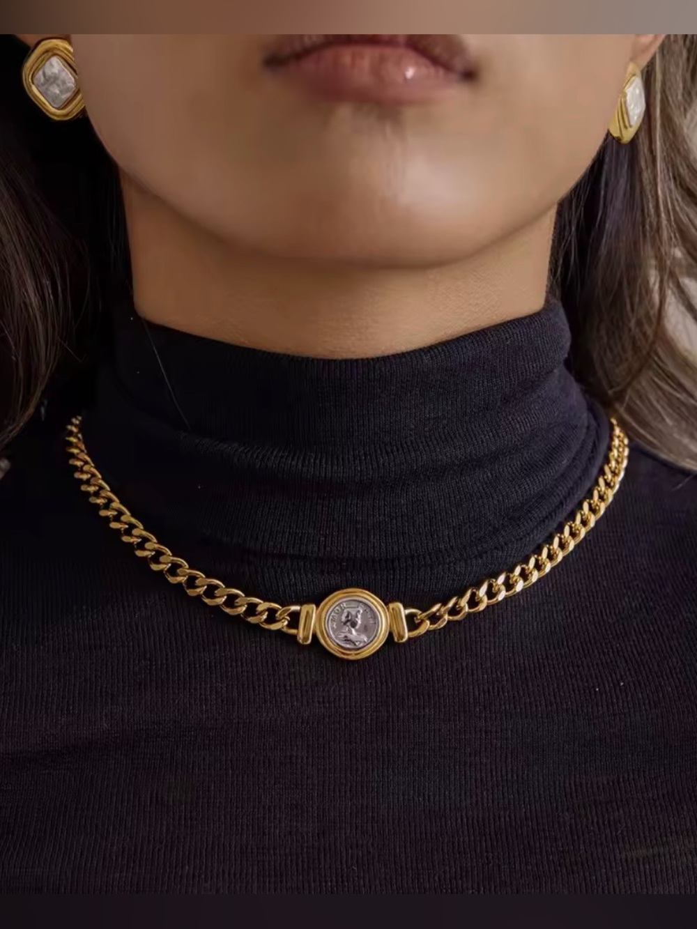 Gold Curb Chain Necklace with Coin Medallion Jewelry